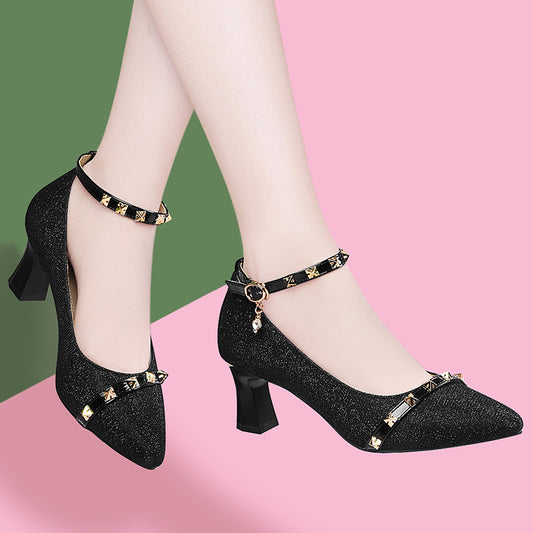 Women's Solid Color Rivet Buckle High Heels