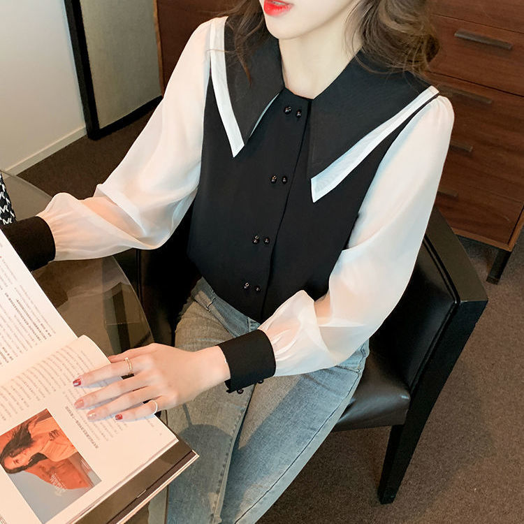 Chiffon Long Sleeve Shirt Ladies Lantern  Doll Collar