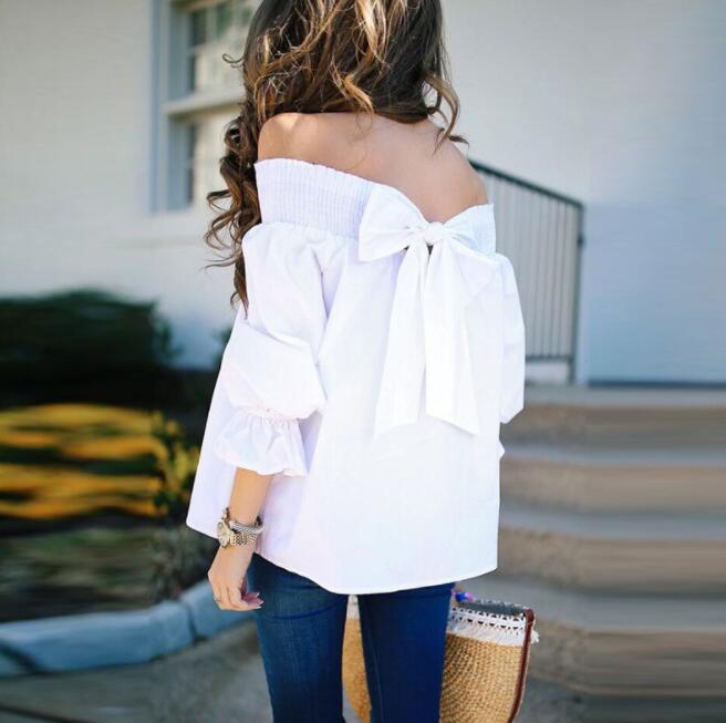 Off Shoulder Tops Spring Summer Strapless Women Blouse Bowknot Slash Neck Shirts Casual Loose Blusas Plus Size