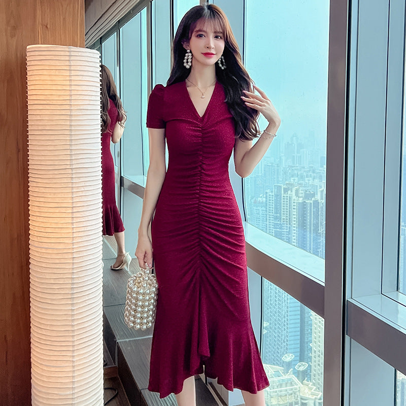 Summer New Slim Fit Pleated V-neck Slimming Dress