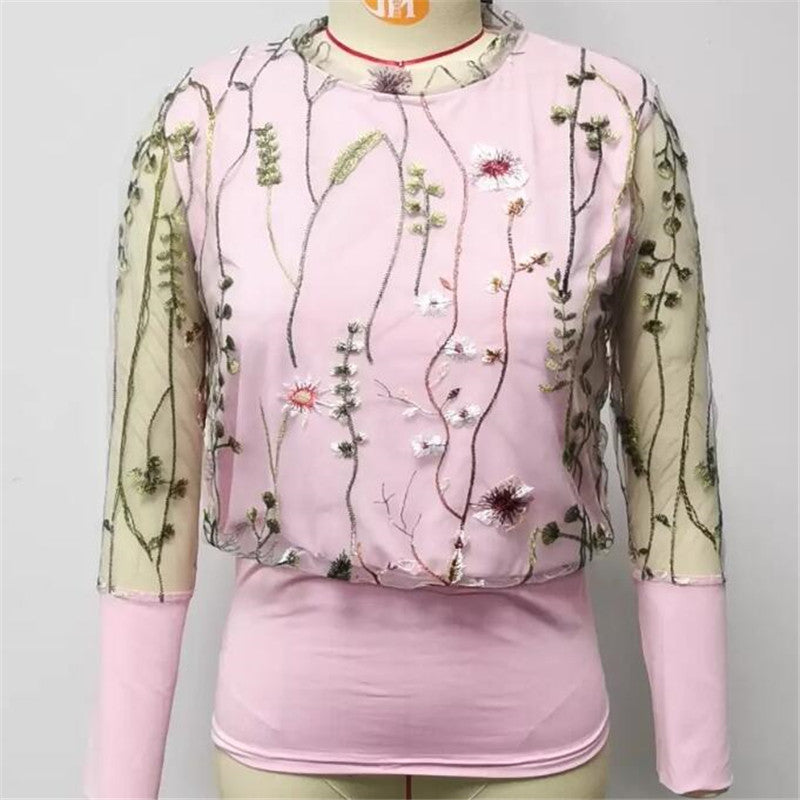 Floral Sheer Mesh Sleeve Blouse shirts