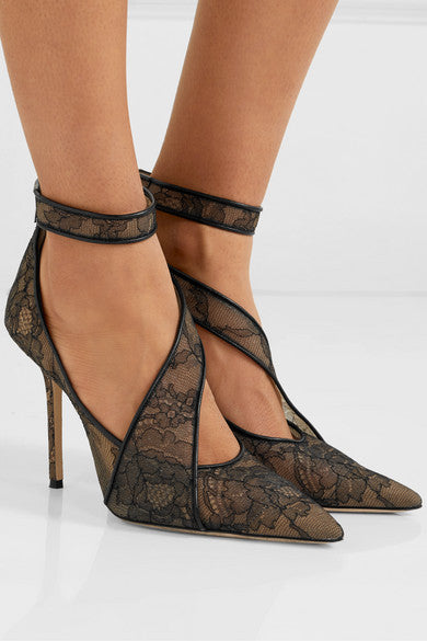 Pointed Black Lace Lace High Heels