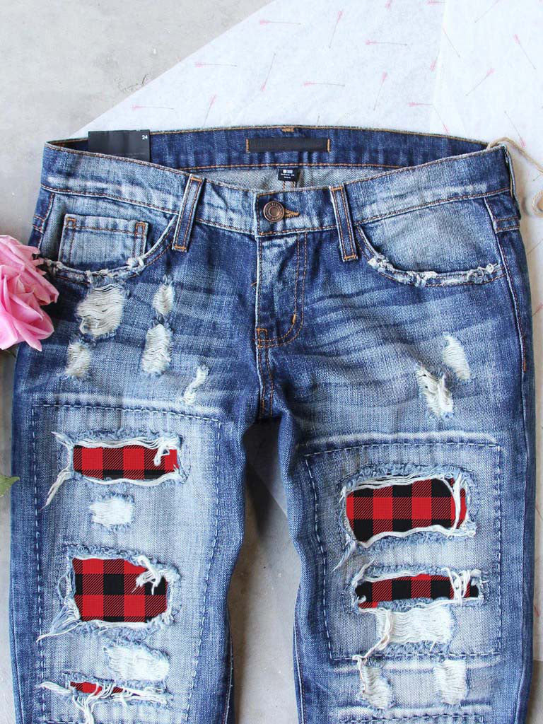 Ladies Ripped Plaid Ladies Jeans Trousers