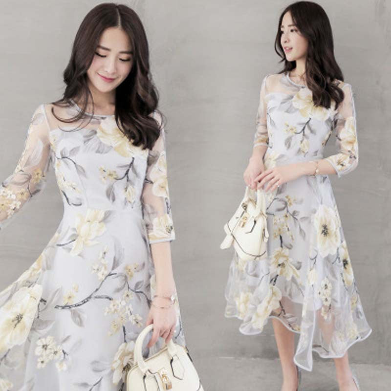 Fashion Round Neck Printed Organza Dress