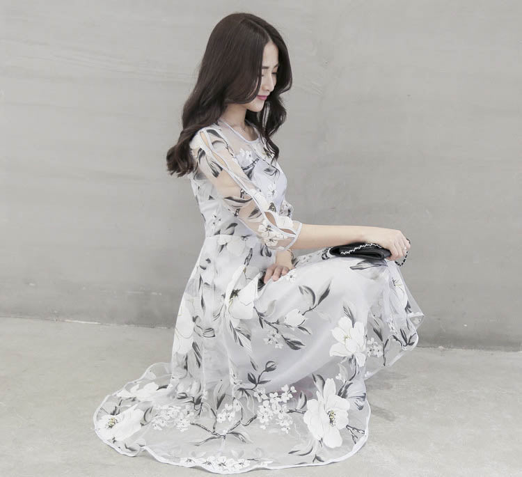 Fashion Round Neck Printed Organza Dress