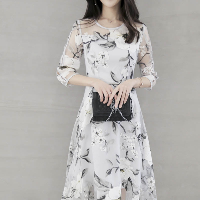 Fashion Round Neck Printed Organza Dress