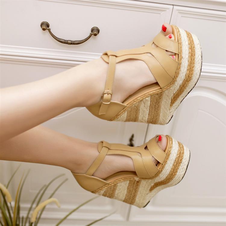 Ethnic Style Contrast Color Thick-Soled Hemp Weave Wedge Sandals