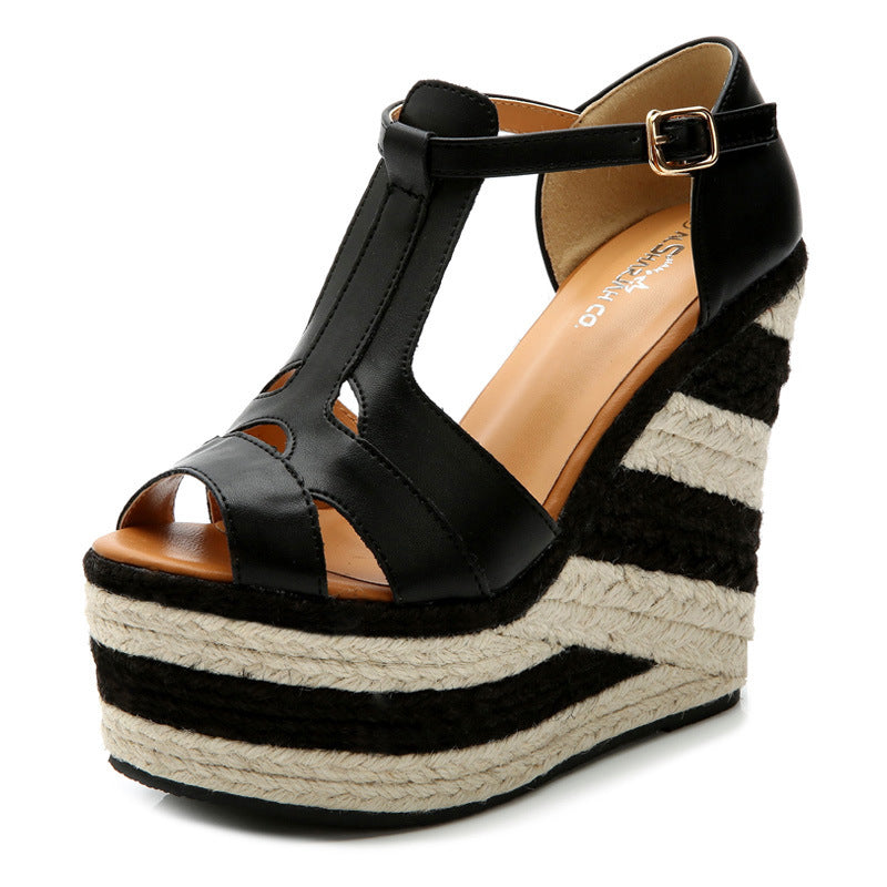 Ethnic Style Contrast Color Thick-Soled Hemp Weave Wedge Sandals