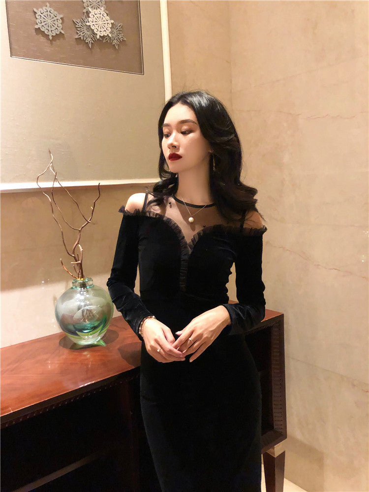 Beaded Mesh Slim-fit Long Sleeve Velvet Dress