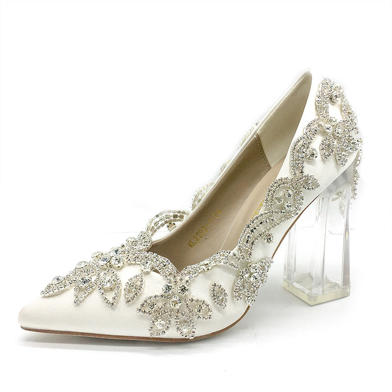 Women's Shallow Mouth Pointed Satin Rhinestone High Heel Shoes