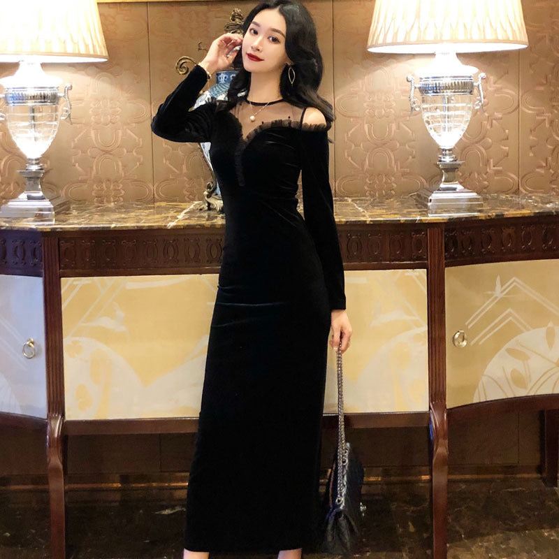 Beaded Mesh Slim-fit Long Sleeve Velvet Dress