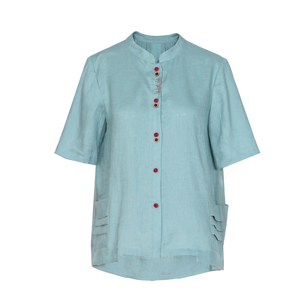 Ladies Vintage Stand Collar Linen Shirt