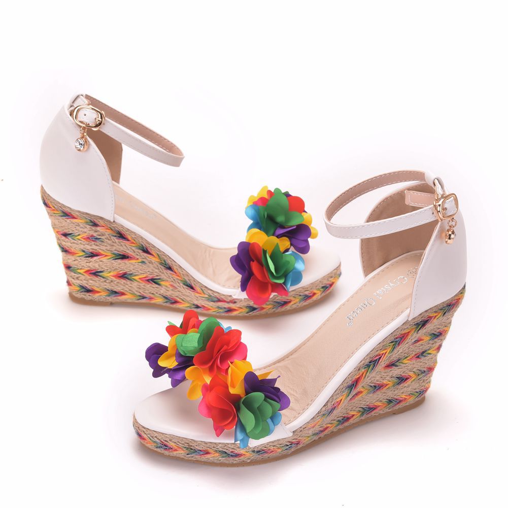 Colorful Flower Fish Mouth Wedge Sandals White Wedge Sandals