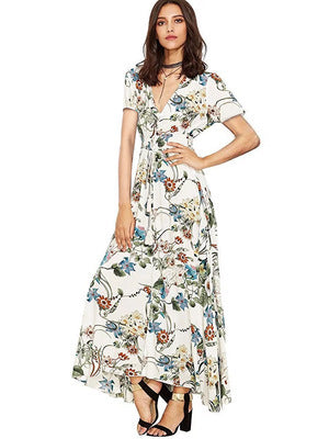 Button Floral Beach Bohemian Maxi Dresses