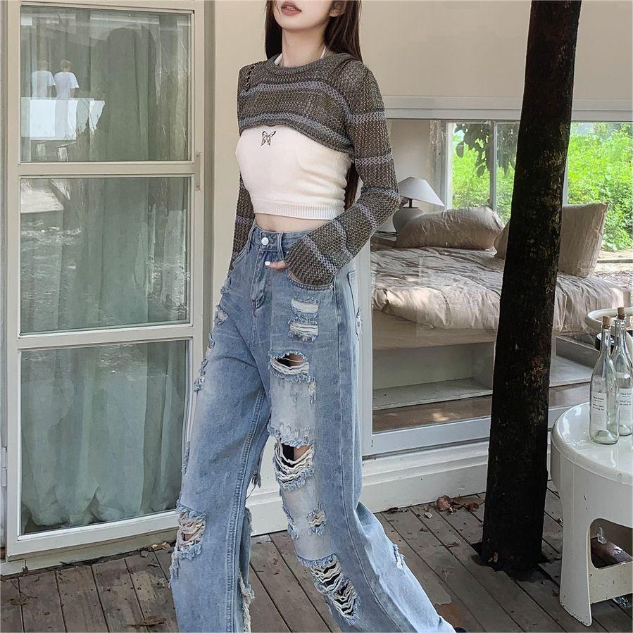 Women's High Street Straight Ripped Jeans