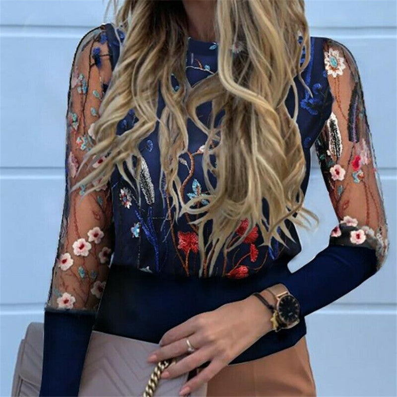 Floral Sheer Mesh Sleeve Blouse shirts