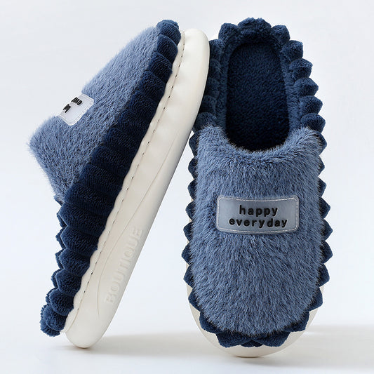 Home Slippers For Men Thick-soled Color-block Letters Fluffy Fleece  House Shoes Winter Indoor Warm Slip On Floor Bedroom Slipper