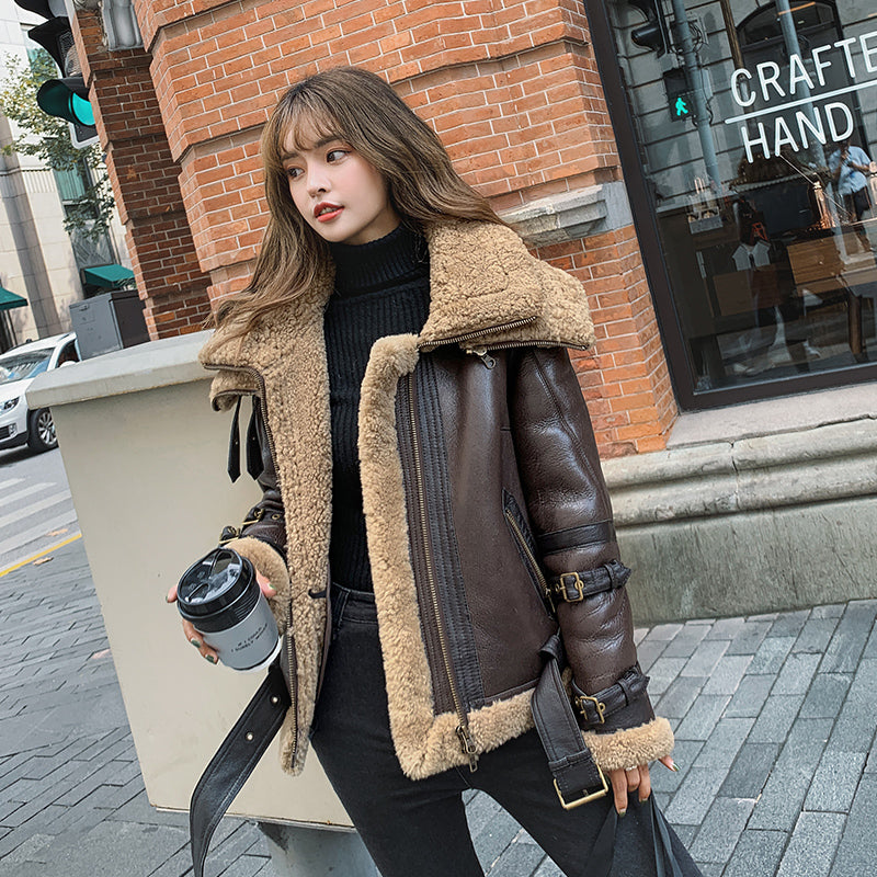 Motorcycle Lamb Fur All-in-one Women's Coat