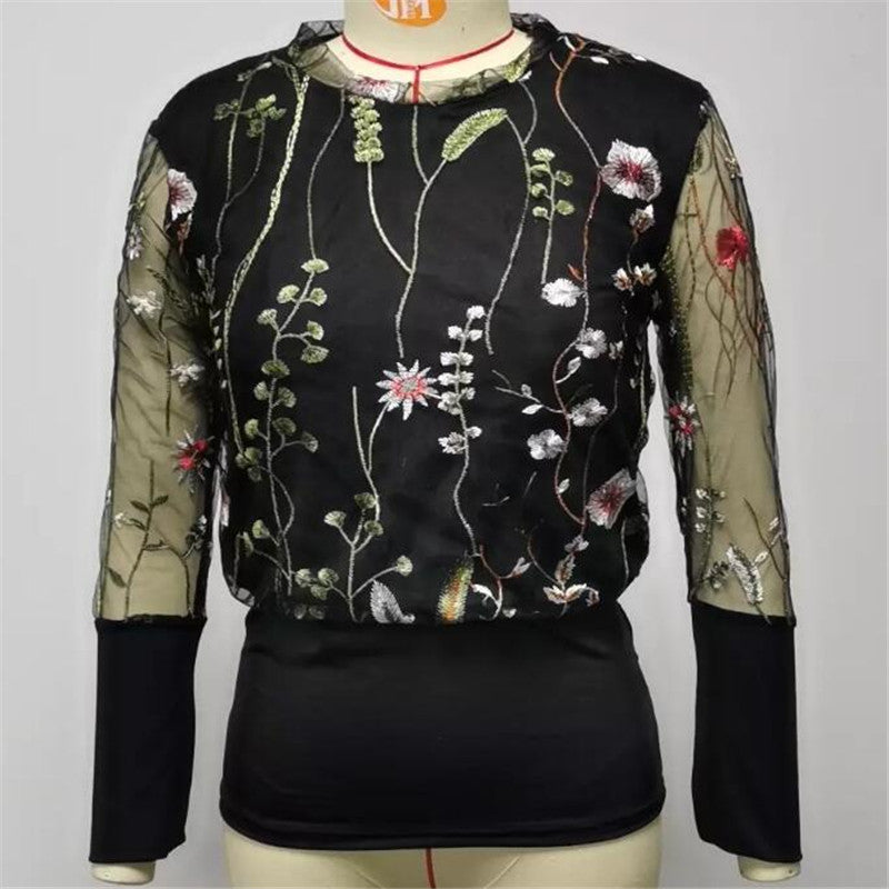 Floral Sheer Mesh Sleeve Blouse shirts