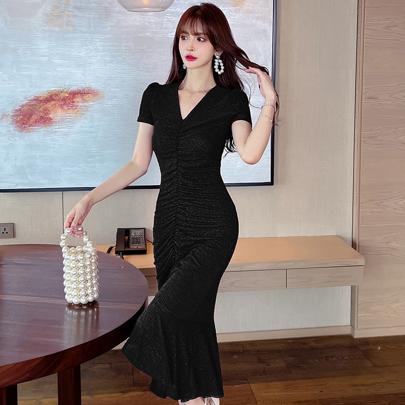 Summer New Slim Fit Pleated V-neck Slimming Dress