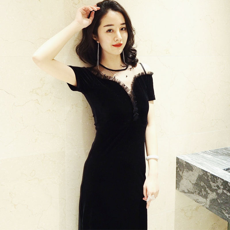 Beaded Mesh Slim-fit Long Sleeve Velvet Dress