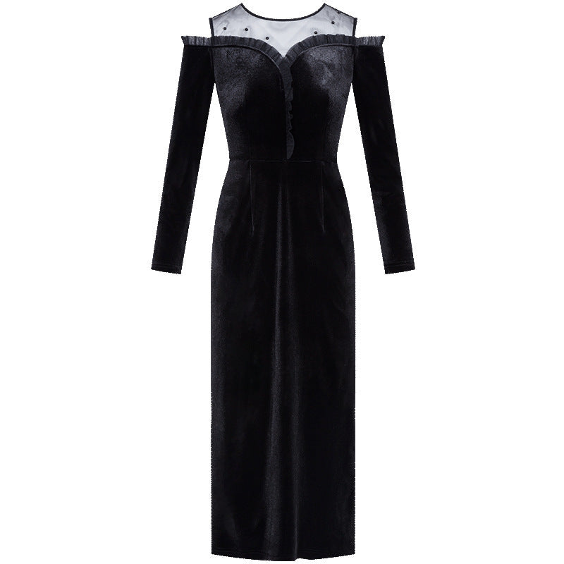 Beaded Mesh Slim-fit Long Sleeve Velvet Dress