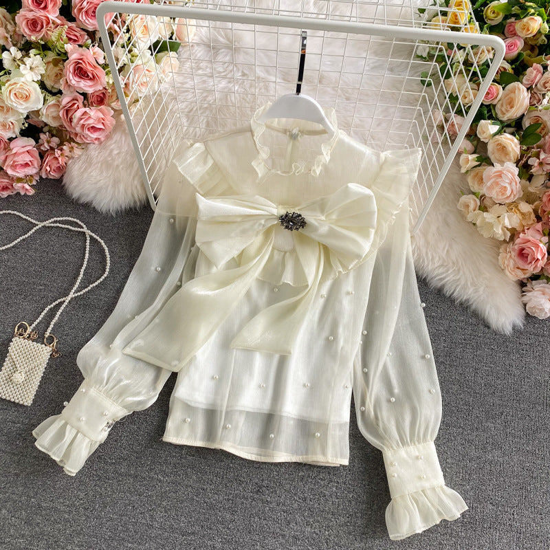 Ruffle Bottoming Tie Shirt Stand-up Collar Long Sleeves