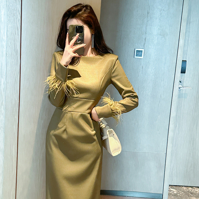 Niche Mustard Green Slim Fit Slimming Dress