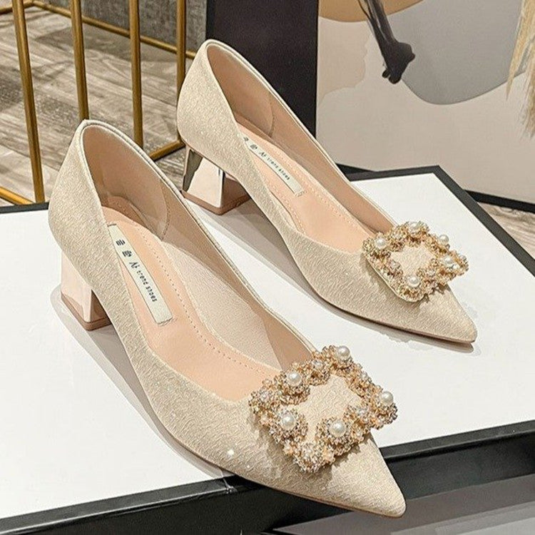 Fairy Style Pearl Thick Pointed Toe High Heels