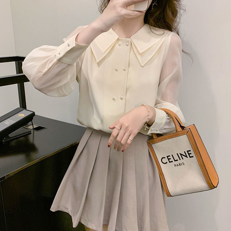 Chiffon Long Sleeve Shirt Ladies Lantern  Doll Collar