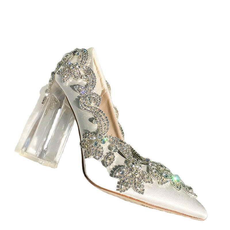 Women's Shallow Mouth Pointed Satin Rhinestone High Heel Shoes