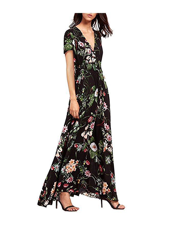 Button Floral Beach Bohemian Maxi Dresses