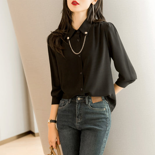 Long Sleeve Black Chiffon Top Ladies Blouse