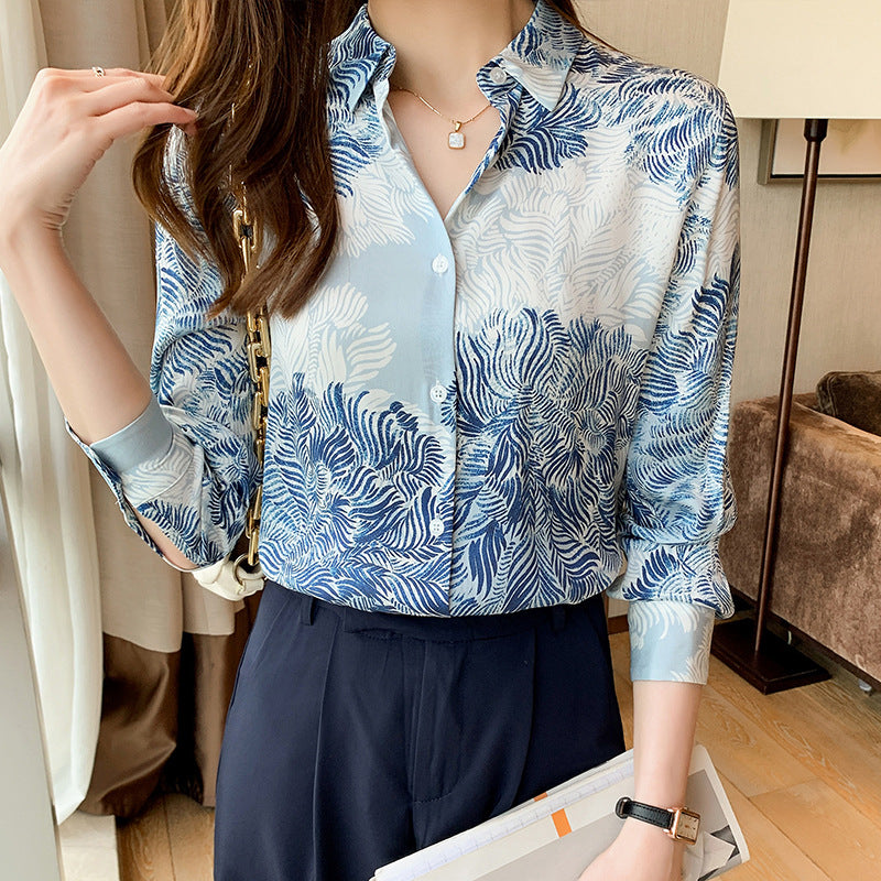 Printed Lapel Shirt Long-sleeved Loose Chiffon Top