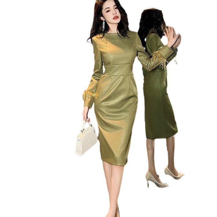 Niche Mustard Green Slim Fit Slimming Dress