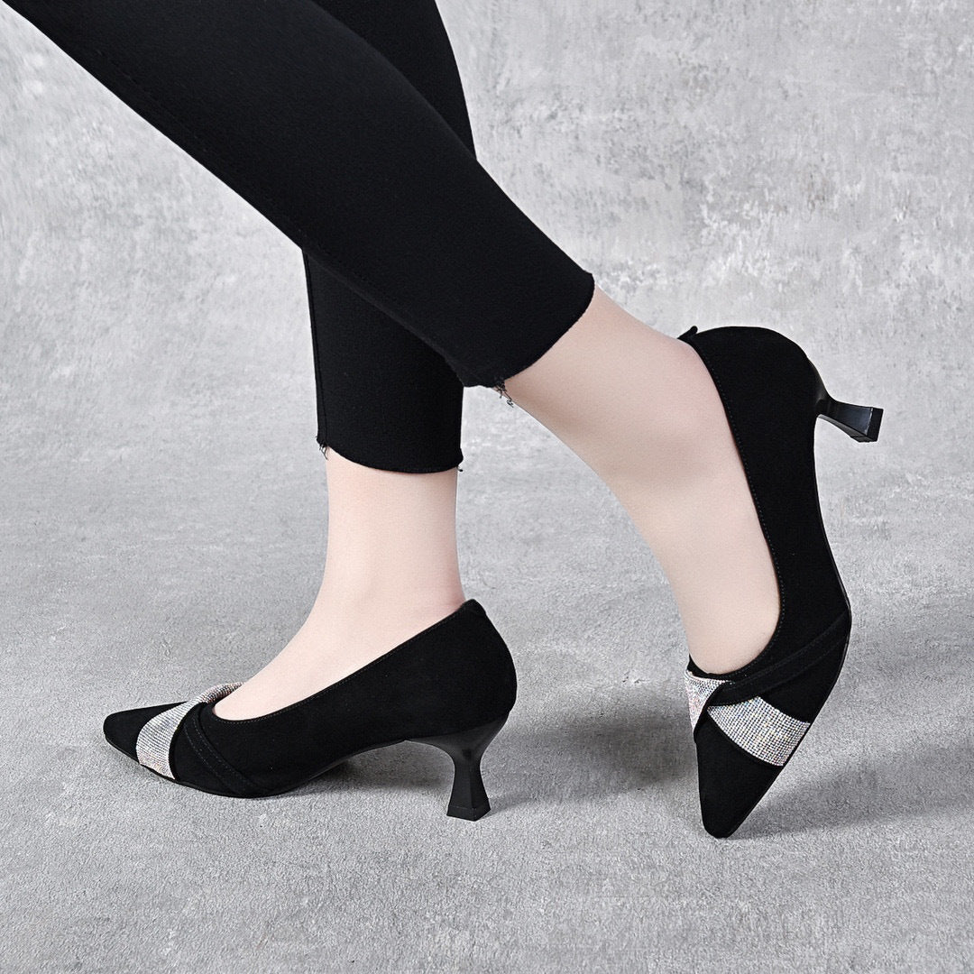 Pointed High Heels Women's Black Sheepskin Rhinestone