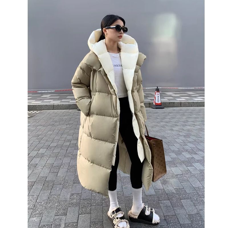 Women's White Duck Down Long Hooded Warm Jacket