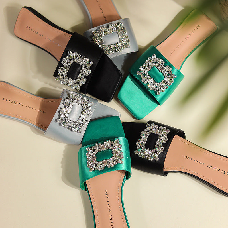 Rhinestone Square Buckle Outer Wear Fashion Flat Sandals