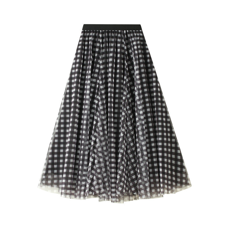 Women's Retro Contrast Color Check Tulle Skirt