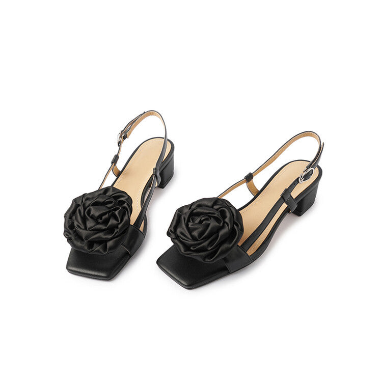 Women's Fashion Silk Flower Square Toe Sandals