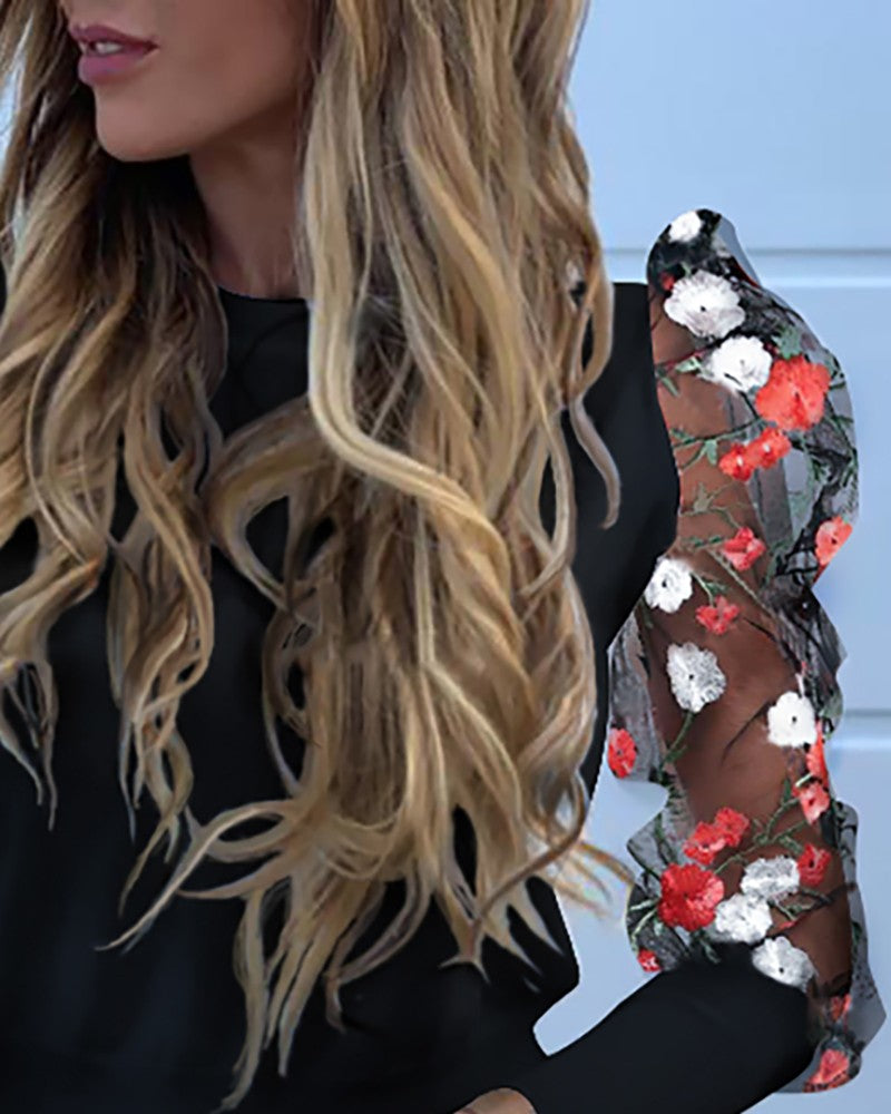 Floral Sheer Mesh Sleeve Blouse shirts