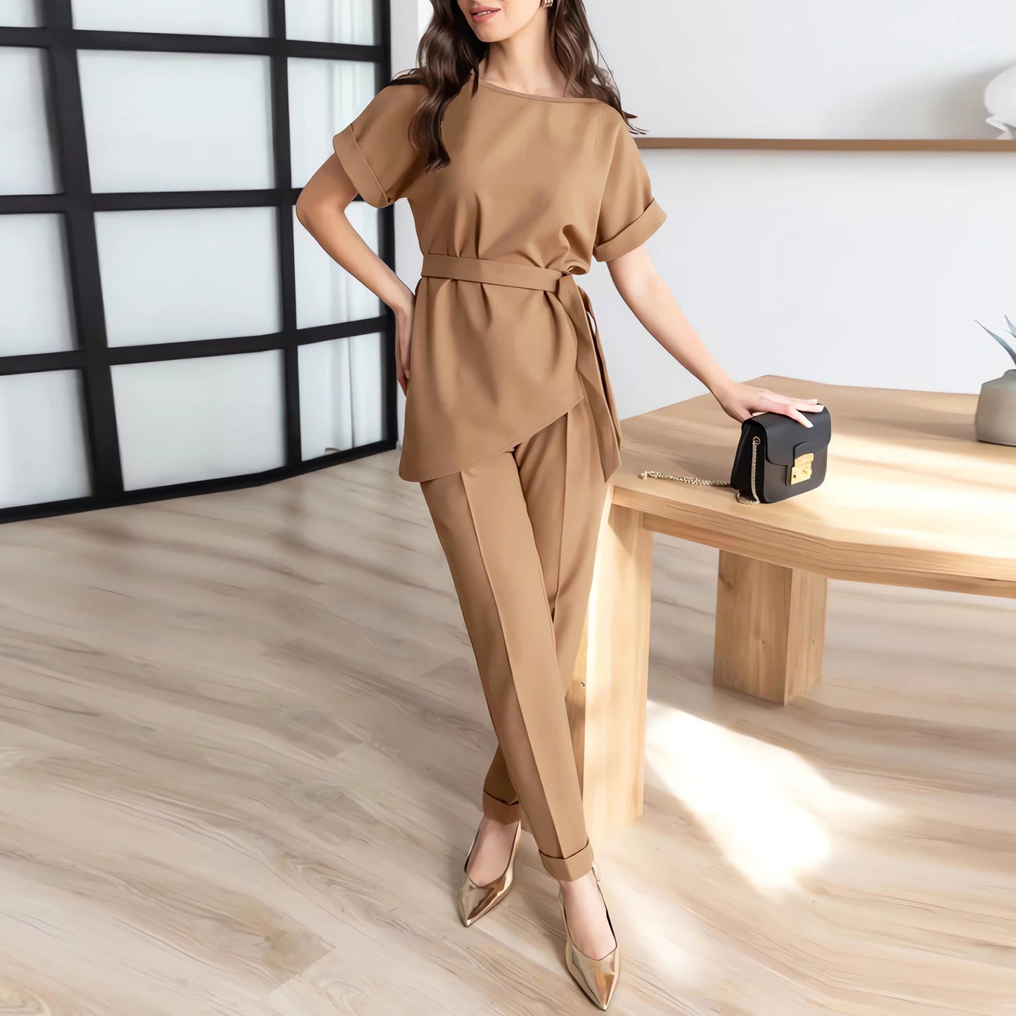 European And American Round Neck Beveled Belt Top Suit