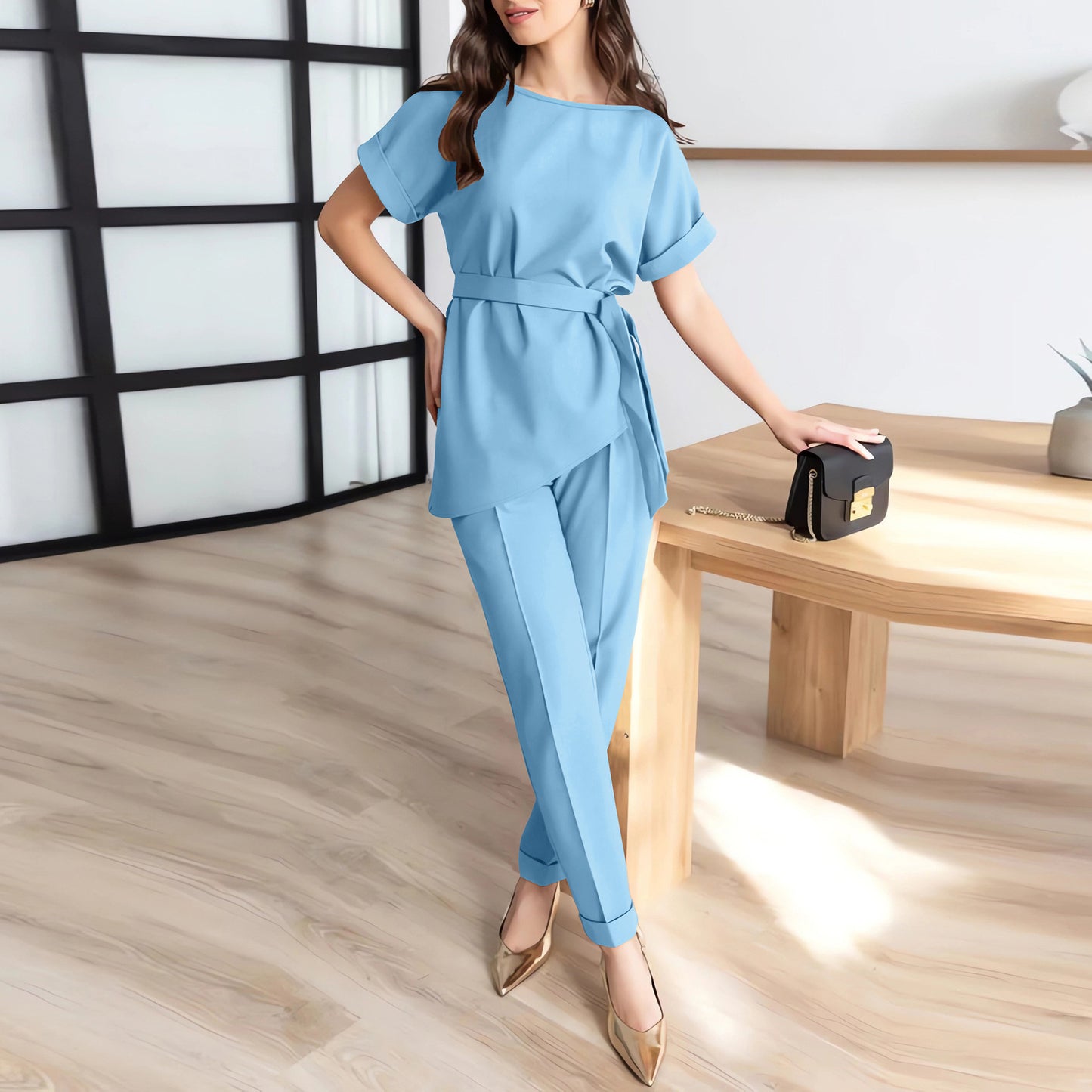 European And American Round Neck Beveled Belt Top Suit