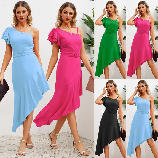 European And American High Waist Irregular Hem Dress Ruffled Spaghetti Straps