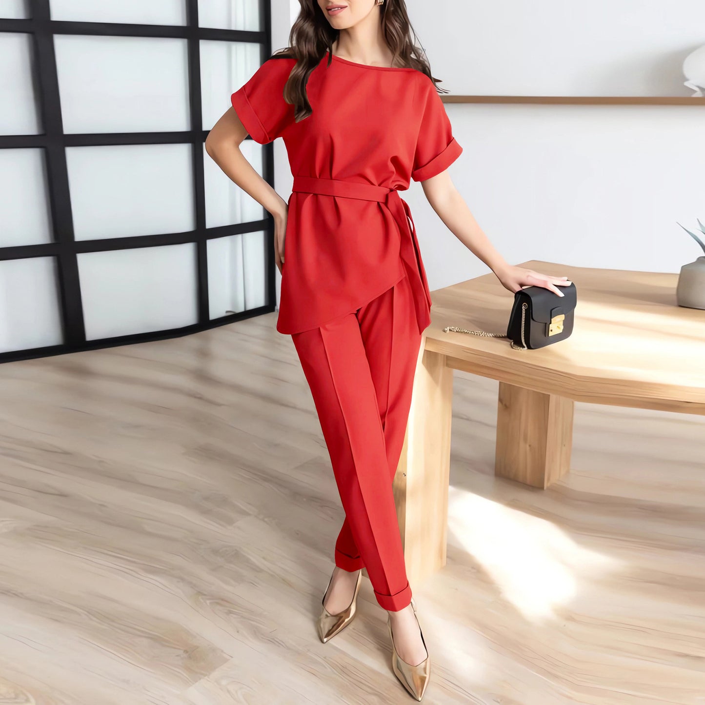 European And American Round Neck Beveled Belt Top Suit