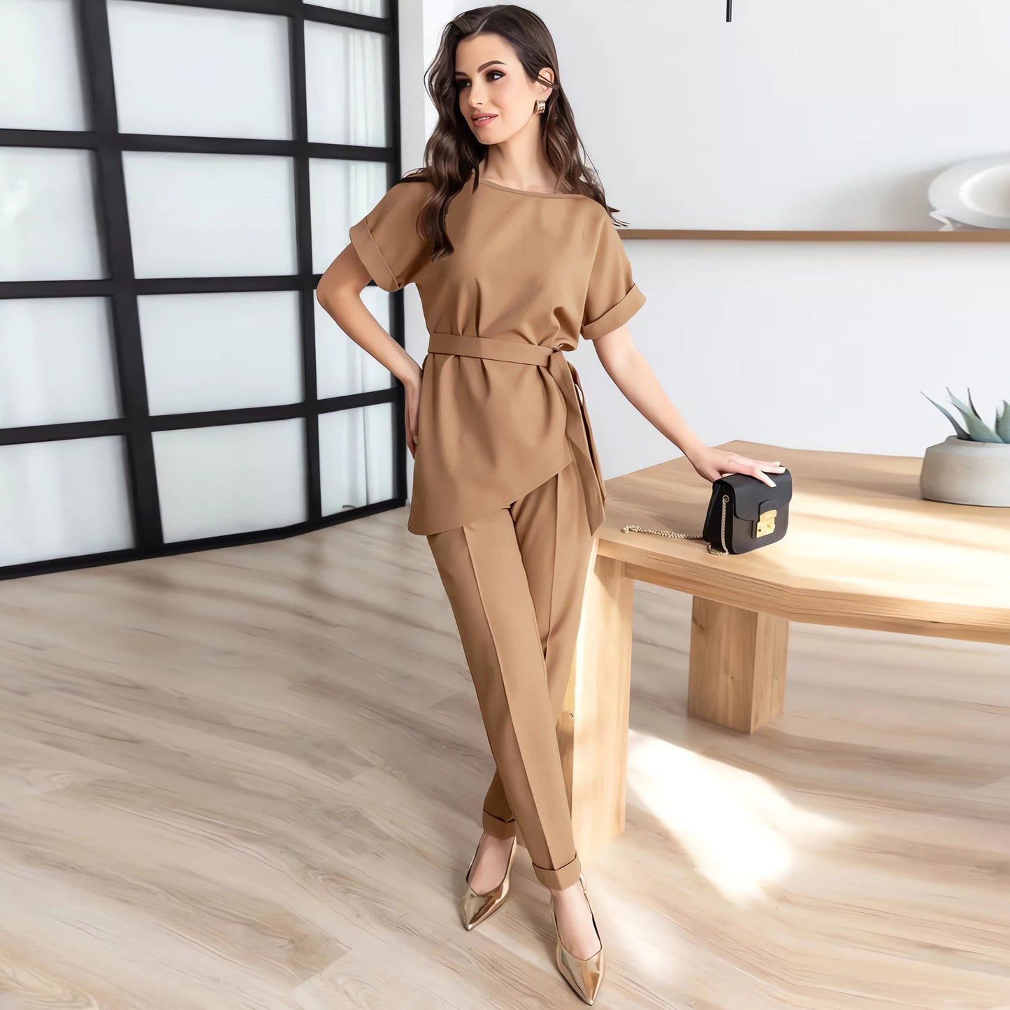 European And American Round Neck Beveled Belt Top Suit