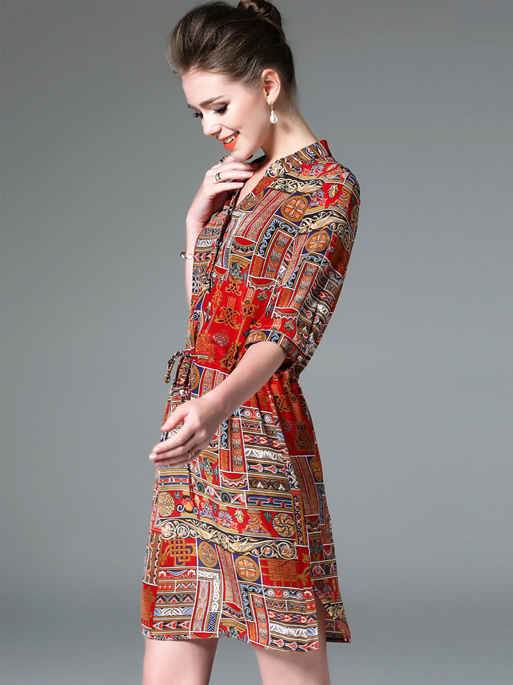 Ladies Vintage Print Stitching Slim Shirt Dress