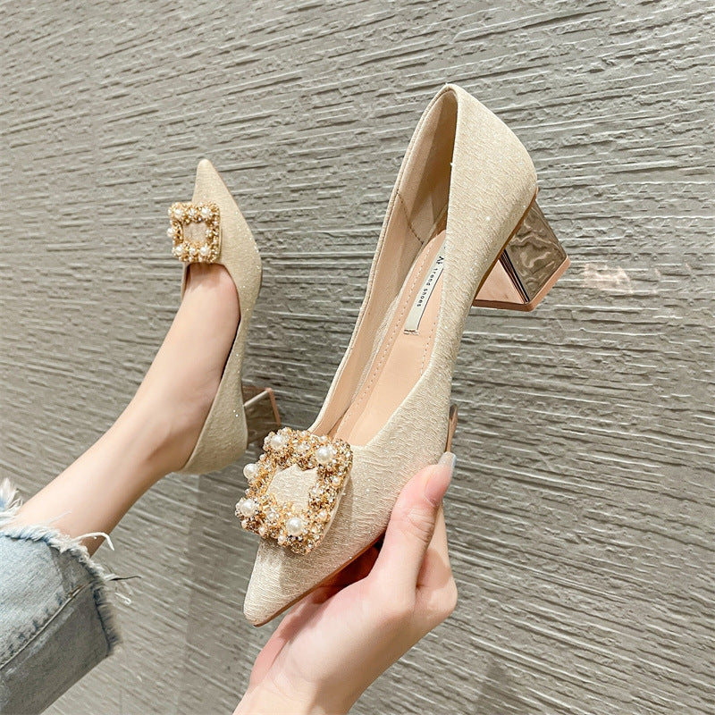 Fairy Style Pearl Thick Pointed Toe High Heels