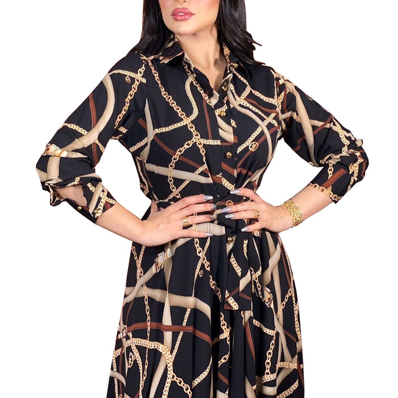 Women's V-neck Printed Dress With Belt