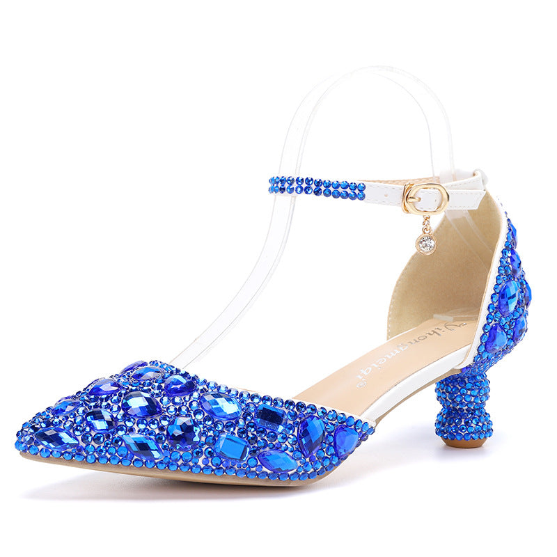 Low-top Summer New Blue Color Pointed Gourd Heel Rhinestone Multi-color Fashion Wedding Banquet Women's Shoes